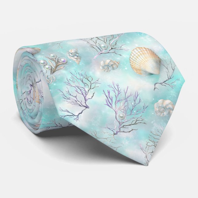 Aqua Ocean Waves & Seashell Pattern (8) Tie (Rolled)