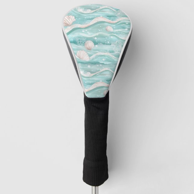 Aqua Ocean Waves & Seashell Pattern  Golf Head Cover (Front)