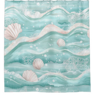Aqua Ocean Waves & Seashell Pattern Shower Curtain