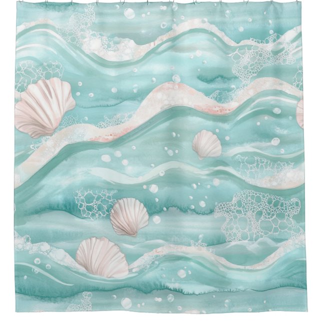 Aqua Ocean Waves & Seashell Pattern Shower Curtain (Front)