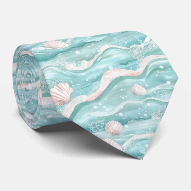 Aqua Ocean Waves & Seashell Pattern Tie (Rolled)