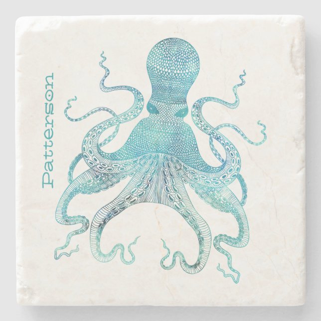 Aqua Octopus Personalised Stone Coaster (Front)