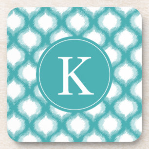 Aqua Ogee Ikat Pattern Monogram Coaster