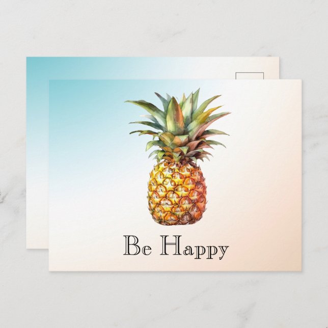 Aqua Ombre Cream Happy Tropical Pineapple Postcard (Front/Back)