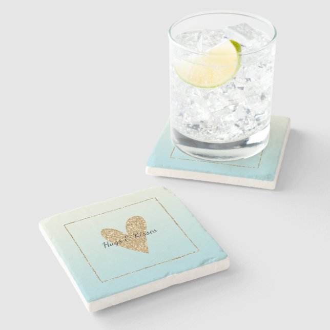 Aqua Ombre Gold Glitter Heart Stone Coaster (Side)