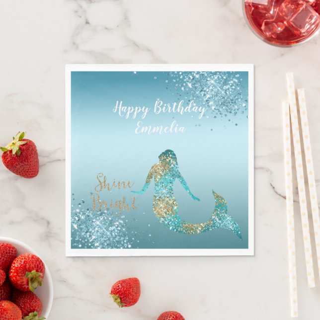 Aqua Ombre Gold Glitter Sparkle Mermaid     Napkin (Insitu)
