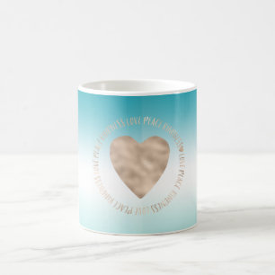 Aqua Ombre Gold Love Peace Kindness Heart    Coffee Mug