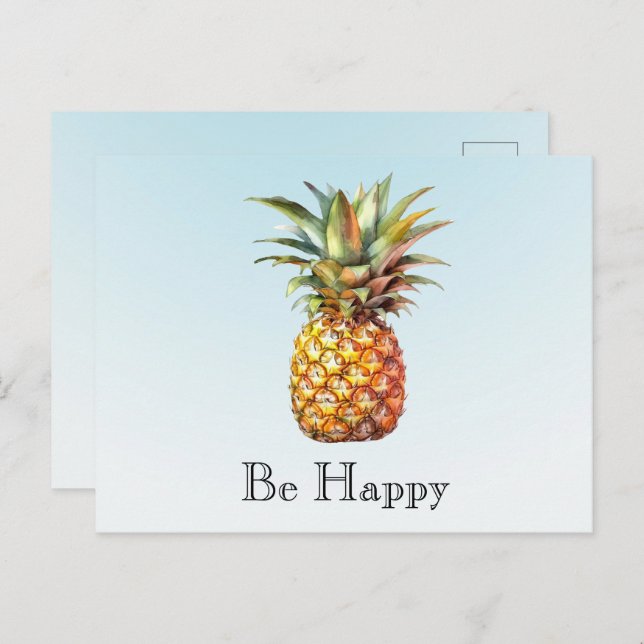 Aqua Ombre Happy Tropical Pineapple Postcard (Front/Back)