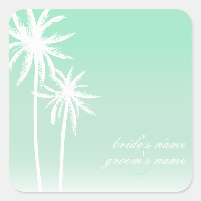 Aqua Ombré Palm Trees Beach Wedding Sticker (Front)