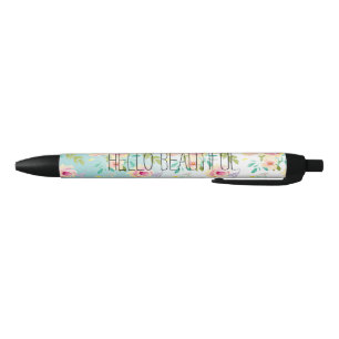 Aqua Ombre Pink Yellow Floral Black Ink Pen