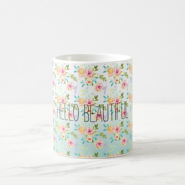 Aqua Ombre Pink Yellow Floral Coffee Mug (Center)
