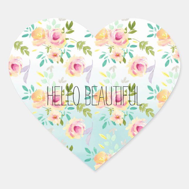 Aqua Ombre Pink Yellow Floral Heart Sticker (Front)
