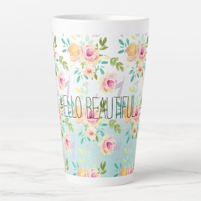 Aqua Ombre Pink Yellow Floral Latte Mug (Front)
