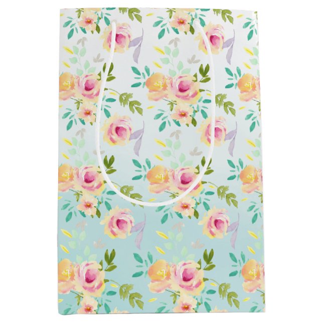 Aqua Ombre Pink Yellow Floral Medium Gift Bag (Front)