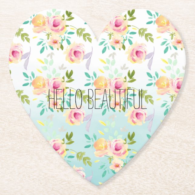 Aqua Ombre Pink Yellow Floral Paper Coaster (Front)