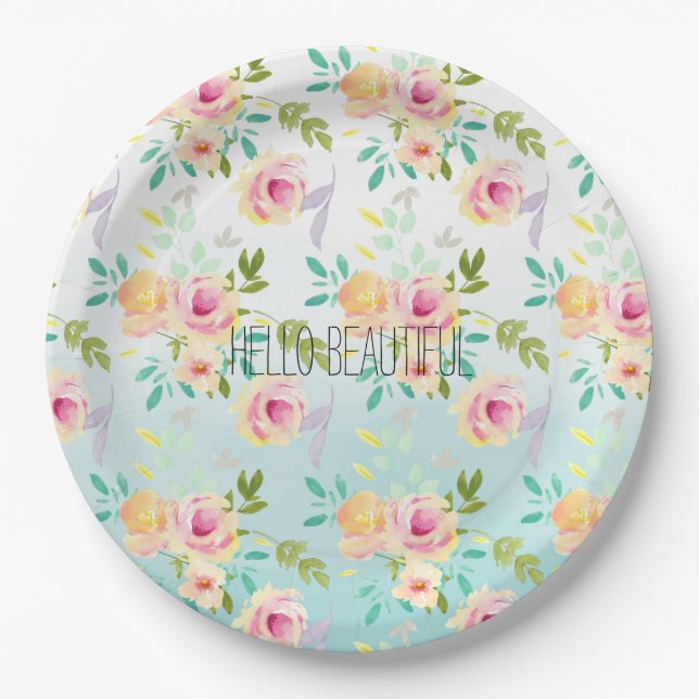 Aqua Ombre Pink Yellow Floral Paper Plate (Front)