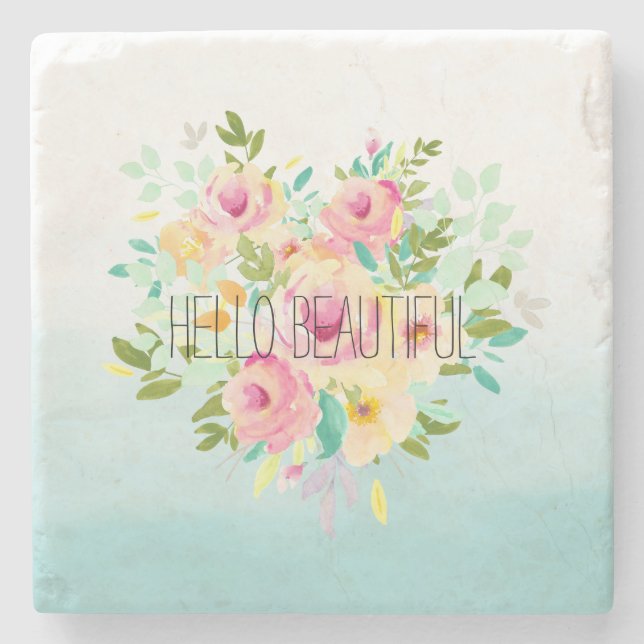 Aqua Ombre Pink Yellow Floral Stone Coaster (Front)