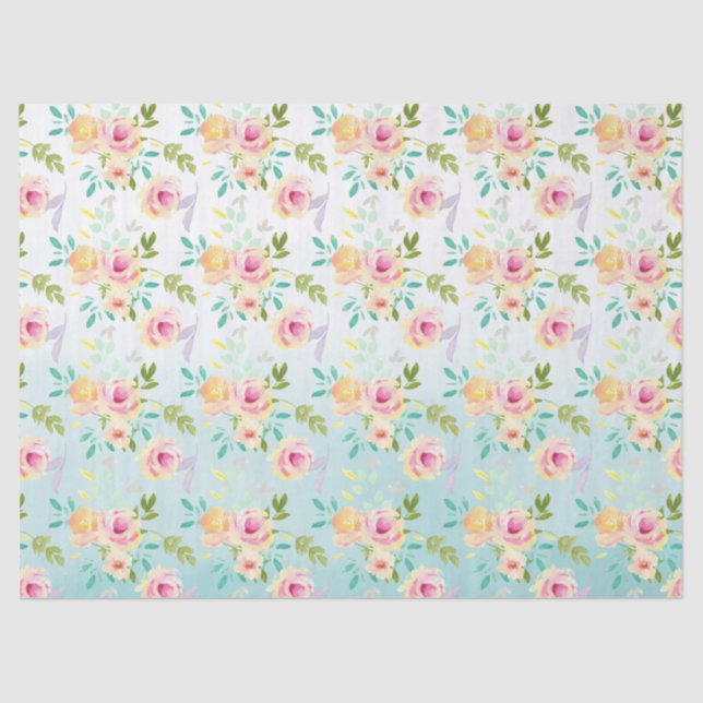Aqua Ombre Pink Yellow Floral Tissue Paper (Front)