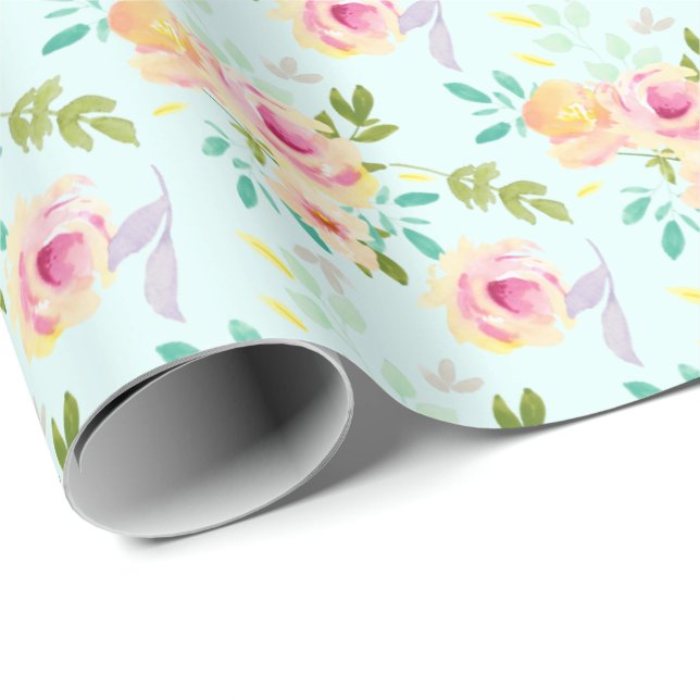 Aqua Ombre Pink Yellow Floral Wrapping Paper (Roll Corner)
