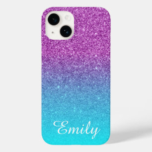Aqua Ombre Purple Glitter Personalised Case-Mate iPhone 14 Case
