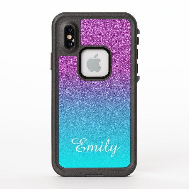 Aqua Ombre Purple Glitter Personalised LifeProof iPhone Case (Back)