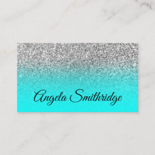 Aqua Ombre Silver Glitter Photo Business Card