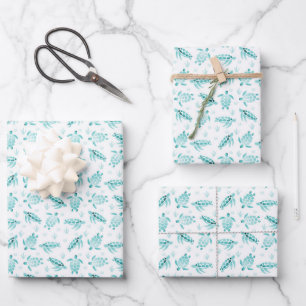 Aqua Ombre Watercolor Sea Turtle Print Wrapping Paper Sheet