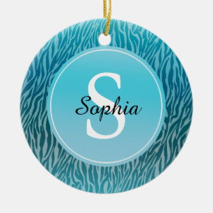 Aqua Ombre Zebra Print Monogram Ceramic Tree Decoration