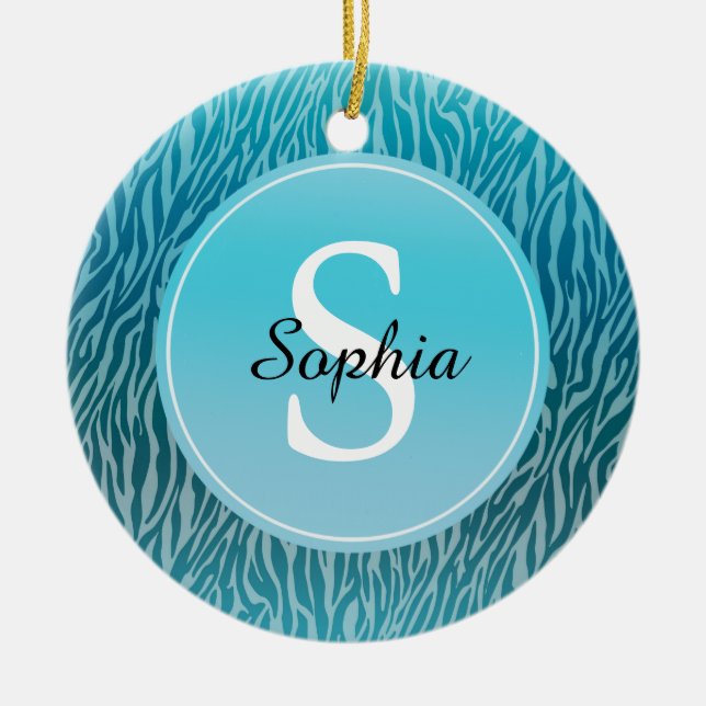Aqua Ombre Zebra Print Monogram Ceramic Tree Decoration (Front)