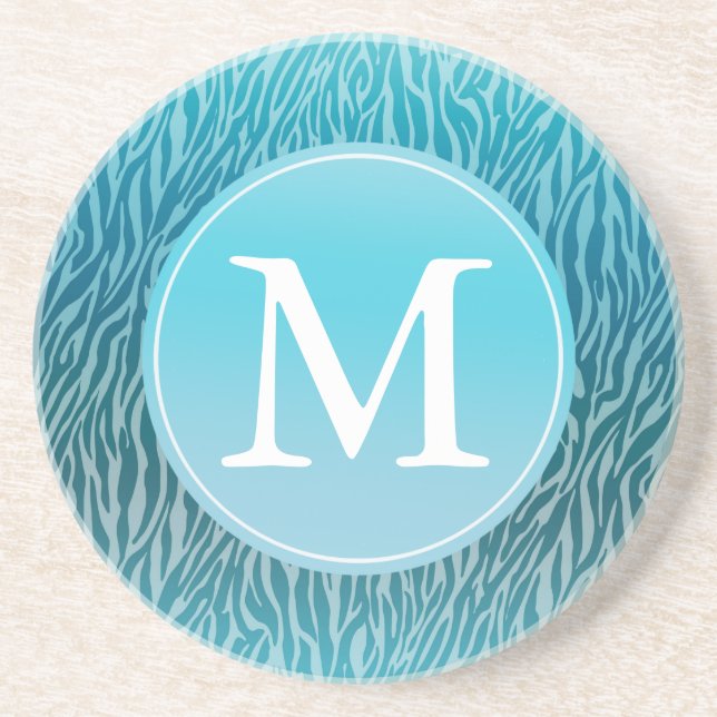 Aqua Ombre Zebra Print Monogram Coaster (Front)