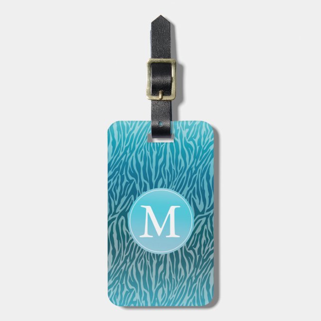 Aqua Ombre Zebra Print Monogram Luggage Tag (Front Vertical)