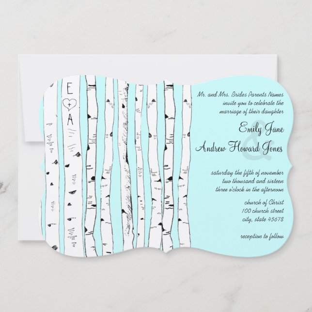 Aqua OR ANY COLOR Birch Tree Wedding Invitations (Front)