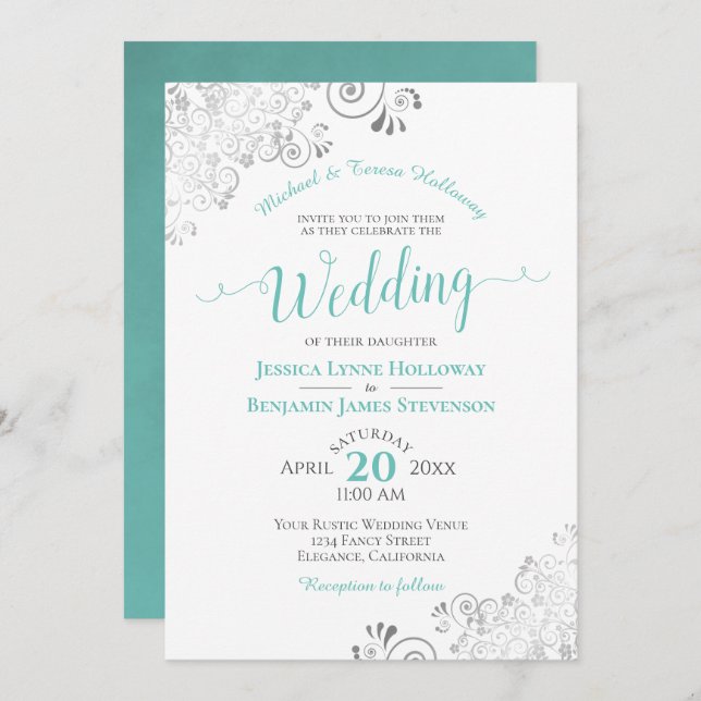 Aqua or Cyan & Silver Lace Formal White Wedding Invitation (Front/Back)