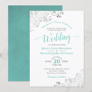 Aqua or Cyan & Silver Lace Formal White Wedding Invitation