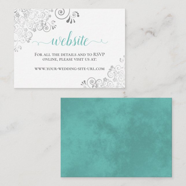Aqua or Cyan & Silver Lace White Wedding Website Enclosure Card (Front/Back)