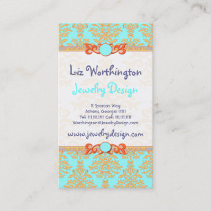 Aqua, Orange and Gold Damask Elegant Chic Business Card