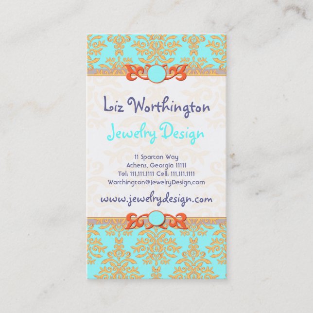 Aqua, Orange and Gold Damask Elegant Chic Business Card (Front)