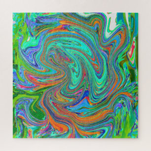 Aqua, Orange and Green Groovy Abstract Retro Art Jigsaw Puzzle