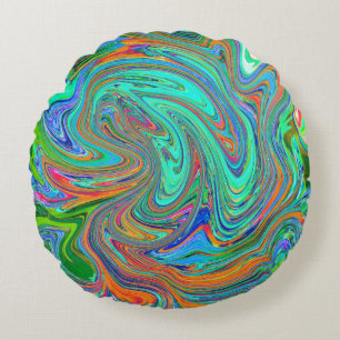 Aqua, Orange and Green Groovy Abstract Retro Art Round Cushion