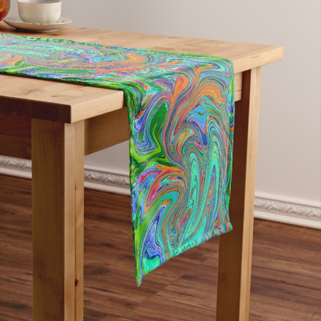 Aqua, Orange and Green Groovy Abstract Retro Art Short Table Runner (In Situ)