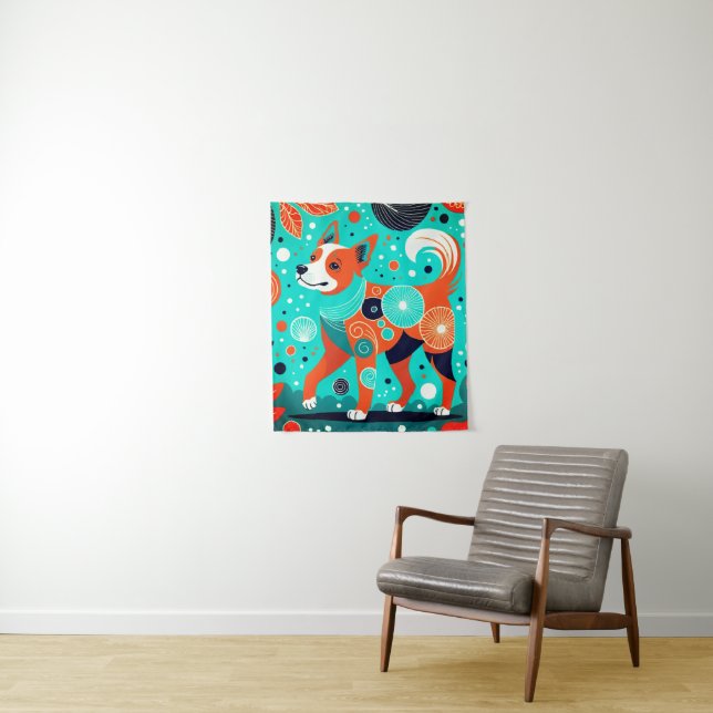 Aqua-Orange Canine Tapestry (In Situ)