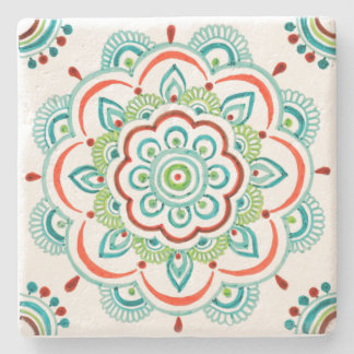 Aqua orange lace mandala design coaster