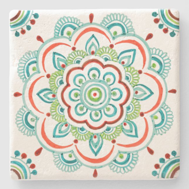Aqua orange lace mandala design coaster (Front)