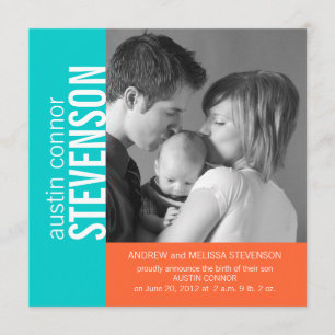 Aqua Orange Modern Baby Boy Birth Announcement