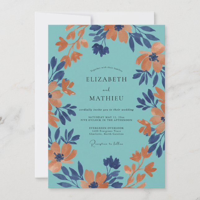 Aqua Orange Petal Wedding Invitation (Front)