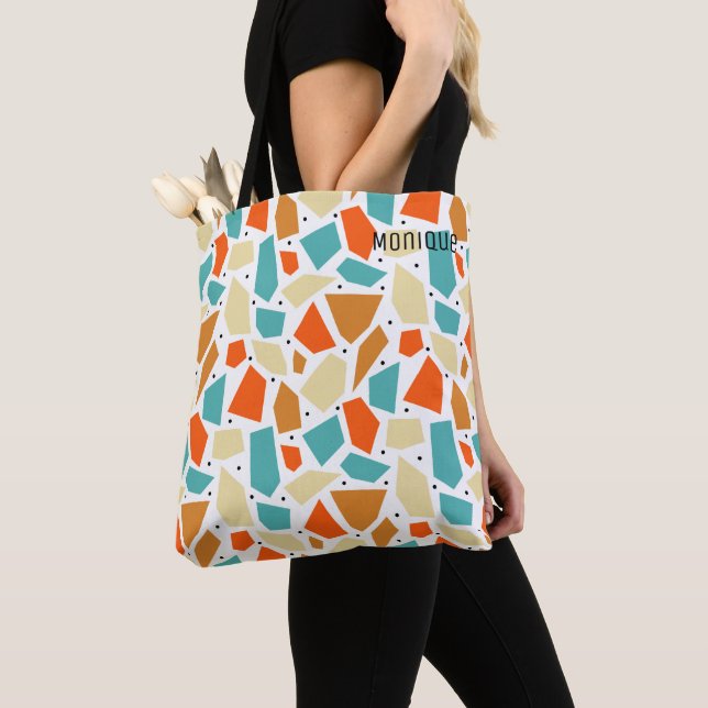 Aqua Orange Polygon Geometric Pattern Monogram Tote Bag (Close Up)
