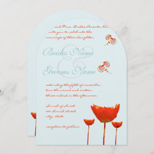 Aqua Orange Poppies Butterflies Wedding Invitation
