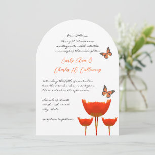 Aqua Orange Poppies Butterflies Wedding Invitation