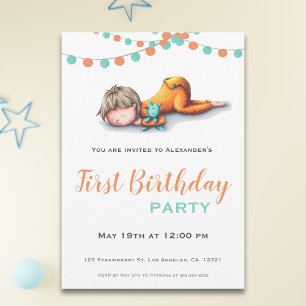 Aqua Orange Sleeping Boy Garland First Birthday Invitation