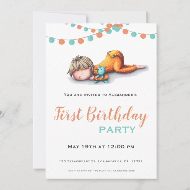Aqua Orange Sleeping Boy Garland First Birthday Invitation (Front)